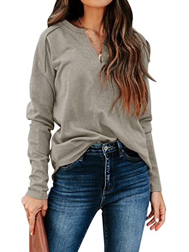 REORIA Damen Langarmshirts lässiges V-Ausschnitt Shirt einfarbige Oberteile lockeres Tops Grau XXL von REORIA