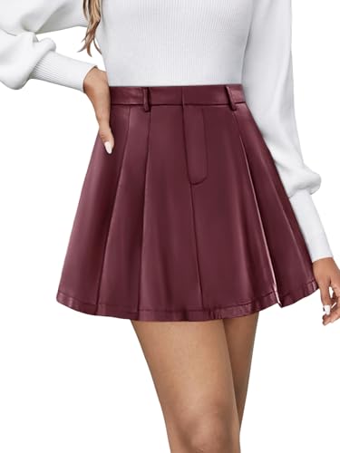 REORIA Damen Lederrock Minirock Faltenrock für Damen Eleganter einfarbiger A-Linienrock Burgund XXL von REORIA