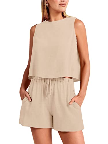 REORIA Damen Loungewear 2 teilige Outfits ärmelloses Crop Top Tank und hoch taillierte Shorts Sets Strampler Trainingsanzüge Apricot L von REORIA