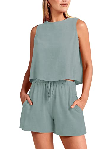 REORIA Damen Loungewear 2 teilige Outfits ärmelloses Crop Top Tank und hoch taillierte Shorts Sets Strampler Trainingsanzüge Grün XL von REORIA