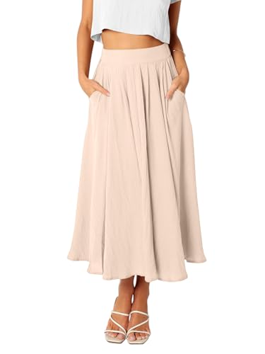 REORIA Damen Maxi Faltenrock Hohe Taille A-Linien Rock Midiröcke Eleganter Langer Rock mit elastischem Bund und Taschen Beige XL von REORIA