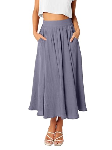REORIA Damen Maxi Faltenrock Hohe Taille A-Linien Rock Midiröcke Eleganter Langer Rock mit elastischem Bund und Taschen Grau S von REORIA