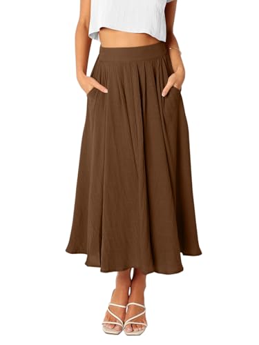REORIA Damen Maxi Faltenrock Hohe Taille A-Linien Rock Midiröcke Eleganter Langer Rock mit elastischem Bund und Taschen Kaffee XL von REORIA