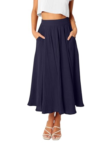 REORIA Damen Maxi Faltenrock Hohe Taille A-Linien Rock Midiröcke Eleganter Langer Rock mit elastischem Bund und Taschen Marineblau M von REORIA