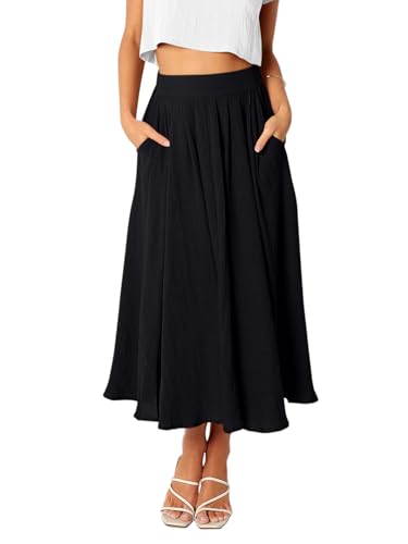 REORIA Damen Maxi Faltenrock Hohe Taille A-Linien Rock Midiröcke Eleganter Langer Rock mit elastischem Bund und Taschen Schwarz M von REORIA