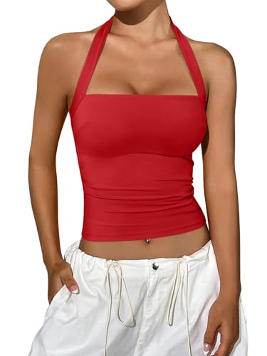 REORIA Damen Neckholder Ausgeh-Tops Sommer Y2K Shirts Ärmellos Sexy Crop Tank Top Y2k Outfits Rot M REORIA Damen Neckholder Ausgeh-Tops Sommer Y2K Shirts Ärmellos Sexy Crop Tank Top Y2k Outfits Rot M von REORIA