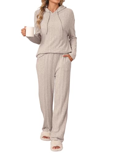 REORIA Damen Pyjama Set mit Kapuze Jogginganzug Zweiteiler Trainingsanzug Hausanzug Sport Set Elegantes Outfit Lounge Set Beige M von REORIA
