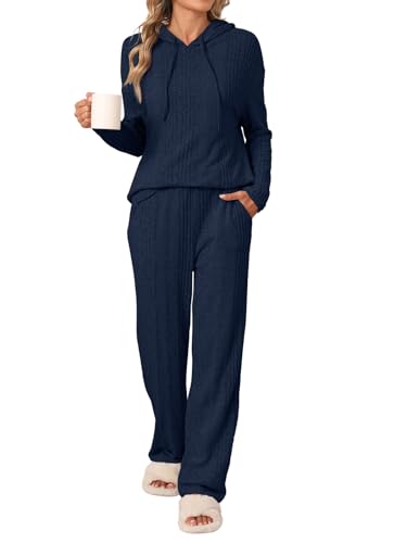 REORIA Damen Pyjama Set mit Kapuze Jogginganzug Zweiteiler Trainingsanzug Hausanzug Sport Set Elegantes Outfit Lounge Set Marineblau M von REORIA