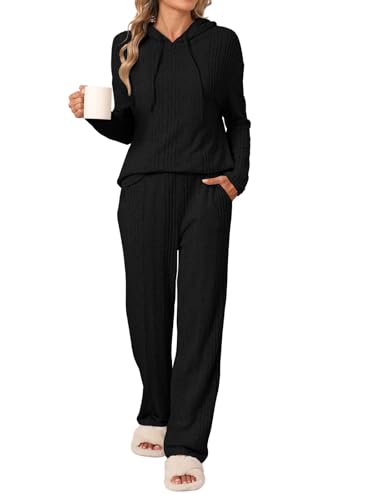 REORIA Damen Pyjama Set mit Kapuze Jogginganzug Zweiteiler Trainingsanzug Hausanzug Sport Set Elegantes Outfit Lounge Set Schwarz XL von REORIA