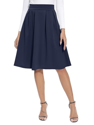 REORIA Damen Rock Faltenrock Klassischer Einfarbiger Plisseerock Knielanges Skirt Röcke Strickrock Tennisrock Marineblau M von REORIA