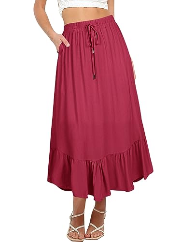 REORIA Damen Röcke Elastische Maxiröcke mit hoher Taille für Damen Lange Röcke mit Taschen Rot S von REORIA