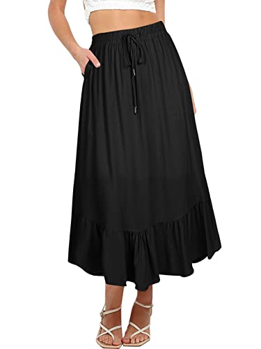 REORIA Damen Röcke Elastische Maxiröcke mit hoher Taille für Damen Lange Röcke mit Taschen Schwarz S von REORIA