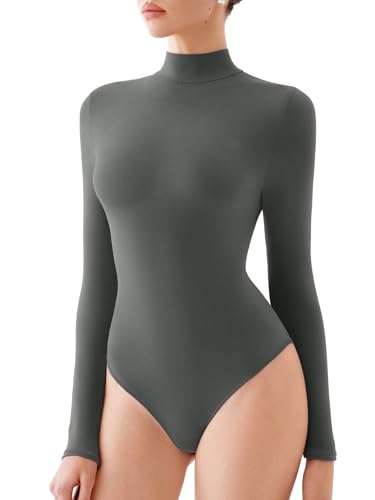 REORIA Damen Rollkragen Langarm Bodysuits Basic Slim Fit Doppelt gefüttert Leichte Lagenoberteile Grau Grün XS von REORIA