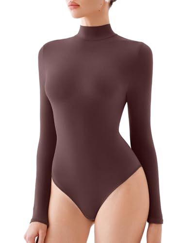 REORIA Damen Rollkragen Langarm Bodysuits Basic Slim Fit Doppelt gefüttert Leichte Lagenoberteile Kaffee XXL von REORIA