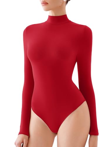 REORIA Damen Rollkragen Langarm Bodysuits Basic Slim Fit Doppelt gefüttert Leichte Lagenoberteile Rot XL von REORIA