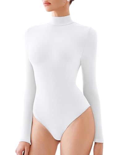 REORIA Damen Rollkragen Langarm Bodysuits Basic Slim Fit Doppelt gefüttert Leichte Lagenoberteile Weiß M von REORIA