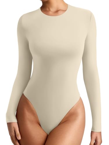 REORIA Damen Schmale Passform Bequemes Lagenoberteil Herbst Winter Outfits Bodysuits mit Rundhalsausschnitt und langen Ärmeln Beige S REORIA Damen Schmale Passform Bequemes Lagenoberteil Herbst Winter Outfits Bodysuits mit Rundhalsausschnitt und langen Ärmeln Beige S von REORIA