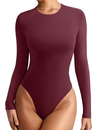 REORIA Damen Schmale Passform Bequemes Lagenoberteil Herbst Winter Outfits Bodysuits mit Rundhalsausschnitt und langen Ärmeln Burgund XS REORIA Damen Schmale Passform Bequemes Lagenoberteil Herbst Winter Outfits Bodysuits mit Rundhalsausschnitt und langen Ärmeln Burgund XS von REORIA
