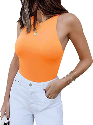 REORIA Damen Sexy Ärmellos High Neck Racer Back Halfter Tanga Bodys Leotard Tanktops Orange Gelb L von REORIA