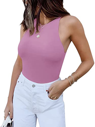 REORIA Damen Sexy Ärmellos High Neck Racer Back Halfter Tanga Bodysuits Gymnastikanzug Tanktops Violett L von REORIA