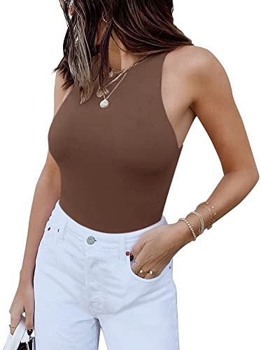 REORIA Damen Sexy Ärmellos Stehkragen Racer Back Neckholder Tanga Bodysuits Gymnastikanzug Tanktops Kaffee X-Small von REORIA