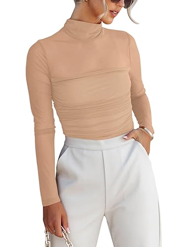 REORIA Damen Sexy Body mit Rollkragen langärmelig durchsichtiges Netzstoff gerafft zum Ausgehen Tops Beige M von REORIA