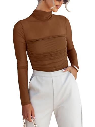 REORIA Damen Sexy Body mit Rollkragen langärmelig durchsichtiges Netzstoff gerafft zum Ausgehen Tops Braun S REORIA Damen Sexy Body mit Rollkragen langärmelig durchsichtiges Netzstoff gerafft zum Ausgehen Tops Braun S von REORIA