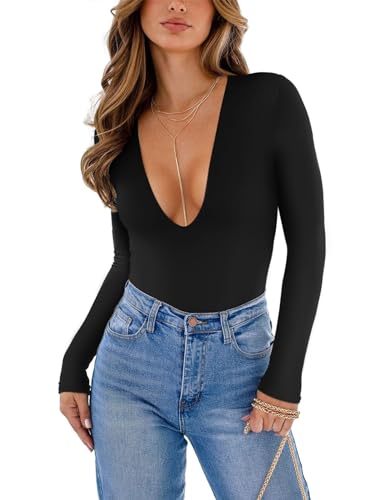 REORIA Damen Sexy Body mit V Ausschnitt und langen Ärmeln Einteiler Übergröße Herbst Ausgehen tief ausgeschnitten doppelt gefüttert T Shirt Oberteile Schwarz X Large von REORIA