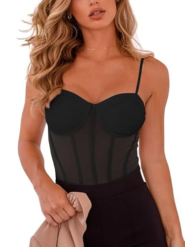 REORIA Damen Sexy Bustier Korsett Bodysuit mit Spaghettiträgern und Netzstoff zum Ausgehen und Abnehmen mit integriertem BH Schwarz L REORIA Damen Sexy Bustier Korsett Bodysuit mit Spaghettiträgern und Netzstoff zum Ausgehen und Abnehmen mit integriertem BH Schwarz L von REORIA