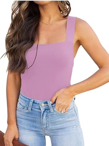 REORIA Damen Sexy Club Square Neck Ärmellose Tanktops Bodysuits Stretchy Leotard Clubwear Violett XL von REORIA