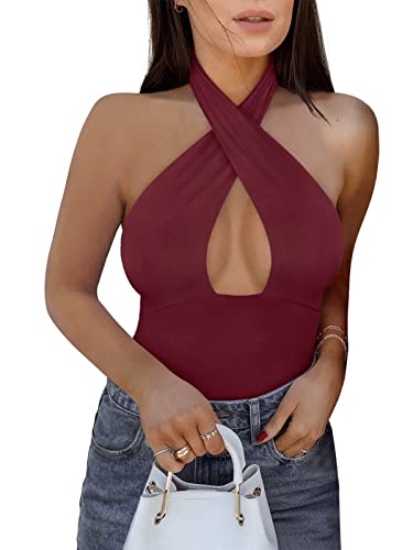 REORIA Damen Sexy Criss Cross Neckholder Ärmellos Party Club Nacht Ausgehen Tanga Bodysuits Tops Burgund X-Large von REORIA