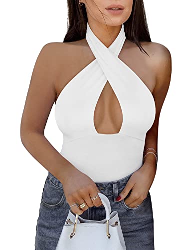 REORIA Damen Sexy Criss Cross Neckholder Ärmellos Party Club Nacht Ausgehen Tanga Bodysuits Tops Weiß Medium von REORIA