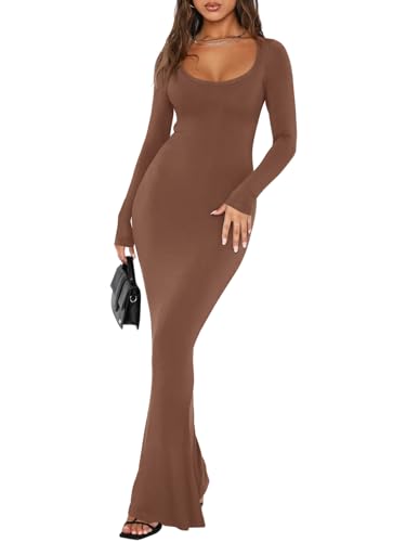 REORIA Damen Sexy Kleid mit quadratischem Ausschnitt und Langen Ärmeln weiches Lounge-Kleid Lässige gerippte figurbetonte Maxikleider Kaffee S von REORIA