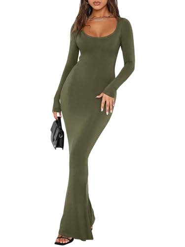 REORIA Damen Sexy Kleid mit quadratischem Ausschnitt und Langen Ärmeln weiches Lounge-Kleid Lässige gerippte figurbetonte Maxikleider Olivgrün XL von REORIA