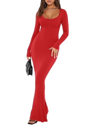 REORIA Damen Sexy Kleid mit quadratischem Ausschnitt und Langen Ärmeln weiches Lounge-Kleid Lässige gerippte figurbetonte Maxikleider Rot XL von REORIA