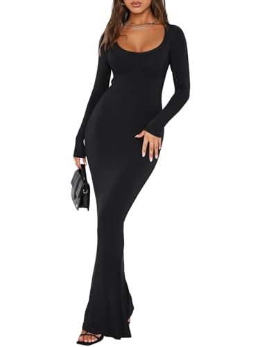 REORIA Damen Sexy Kleid mit quadratischem Ausschnitt und Langen Ärmeln weiches Lounge-Kleid Lässige gerippte figurbetonte Maxikleider Schwarz M von REORIA