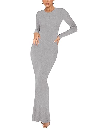 REORIA Damen Sexy Lounge Kleid mit Rundhalsausschnitt Elegante langärmlige gerippte figurbetonte Maxikleider Hellgrau L von REORIA