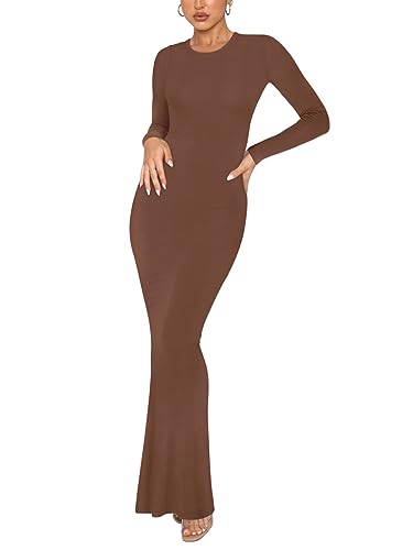 REORIA Damen Sexy Lounge Kleid mit Rundhalsausschnitt Elegante langärmlige gerippte figurbetonte Maxikleider Kaffee L von REORIA