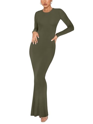REORIA Damen Sexy Lounge Kleid mit Rundhalsausschnitt Elegante langärmlige gerippte figurbetonte Maxikleider Olivgrün XS von REORIA