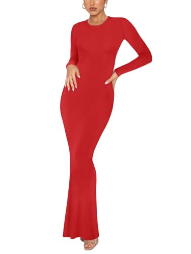 REORIA Damen Sexy Lounge Kleid mit Rundhalsausschnitt Elegante langärmlige gerippte figurbetonte Maxikleider Rot XL von REORIA