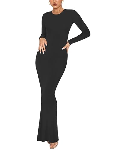 REORIA Damen Sexy Lounge Kleid mit Rundhalsausschnitt Elegante langärmlige gerippte figurbetonte Maxikleider Schwarz M von REORIA