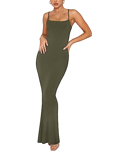 REORIA Damen Sexy Lounge Slip Langes Kleid Elegantes Hochzeitsgast ärmelloses rückenfreies Geripptes figurbetontes Maxikleid Olive Green M von REORIA