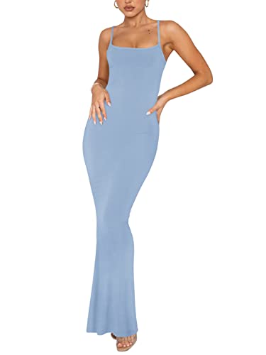 REORIA Damen Sexy Lounge Slip Langes Kleid Elegantes Hochzeitsgast ärmelloses rückenfreies Geripptes figurbetontes Maxikleid Blau XL von REORIA