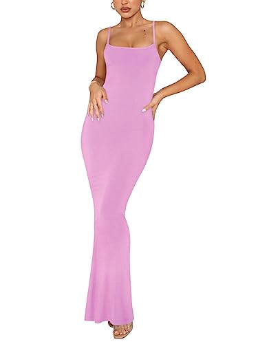 REORIA Damen Sexy Lounge Slip Langes Kleid Elegantes Hochzeitsgast ärmelloses rückenfreies Geripptes figurbetontes Maxikleid Blütenblatt L von REORIA