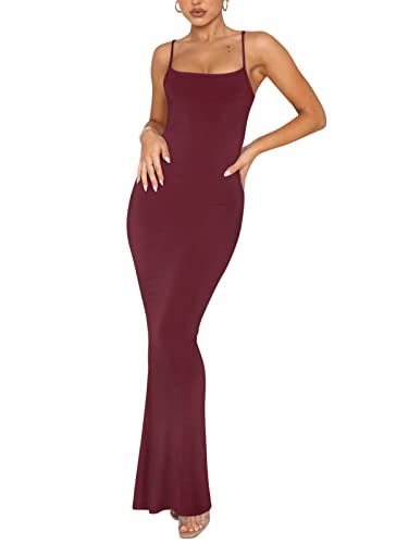 REORIA Damen Sexy Lounge Slip Langes Kleid Elegantes Hochzeitsgast ärmelloses rückenfreies Geripptes figurbetontes Maxikleid Burgunderrot XS von REORIA