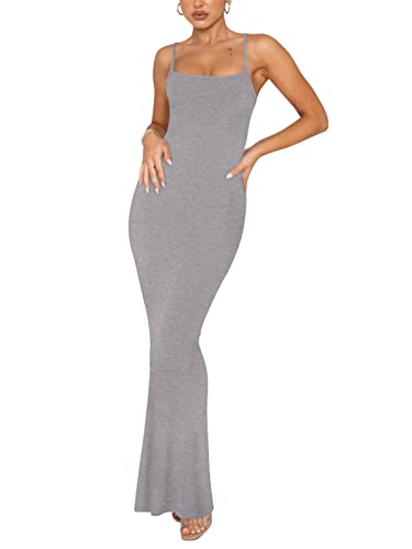 REORIA Damen Sexy Lounge Slip Langes Kleid Elegantes Hochzeitsgast ärmelloses rückenfreies Geripptes figurbetontes Maxikleid Hellgrau L von REORIA