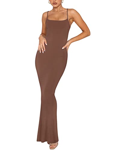 REORIA Damen Sexy Lounge Slip Langes Kleid Elegantes Hochzeitsgast ärmelloses rückenfreies Geripptes figurbetontes Maxikleid Kaffee XL von REORIA