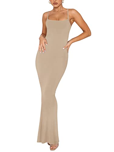 REORIA Damen Sexy Lounge Slip Langes Kleid Elegantes Hochzeitsgast ärmelloses rückenfreies Geripptes figurbetontes Maxikleid Khaki M von REORIA