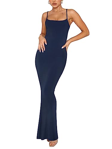 REORIA Damen Sexy Lounge Slip Langes Kleid Elegantes Hochzeitsgast ärmelloses rückenfreies Geripptes figurbetontes Maxikleid Marineblau S von REORIA