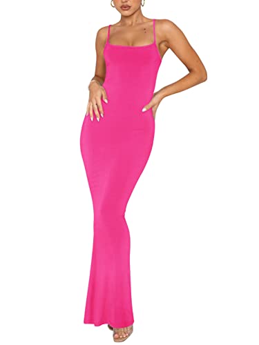 REORIA Damen Sexy Lounge Slip Langes Kleid Elegantes Hochzeitsgast ärmelloses rückenfreies Geripptes figurbetontes Maxikleid Rosenrot S von REORIA